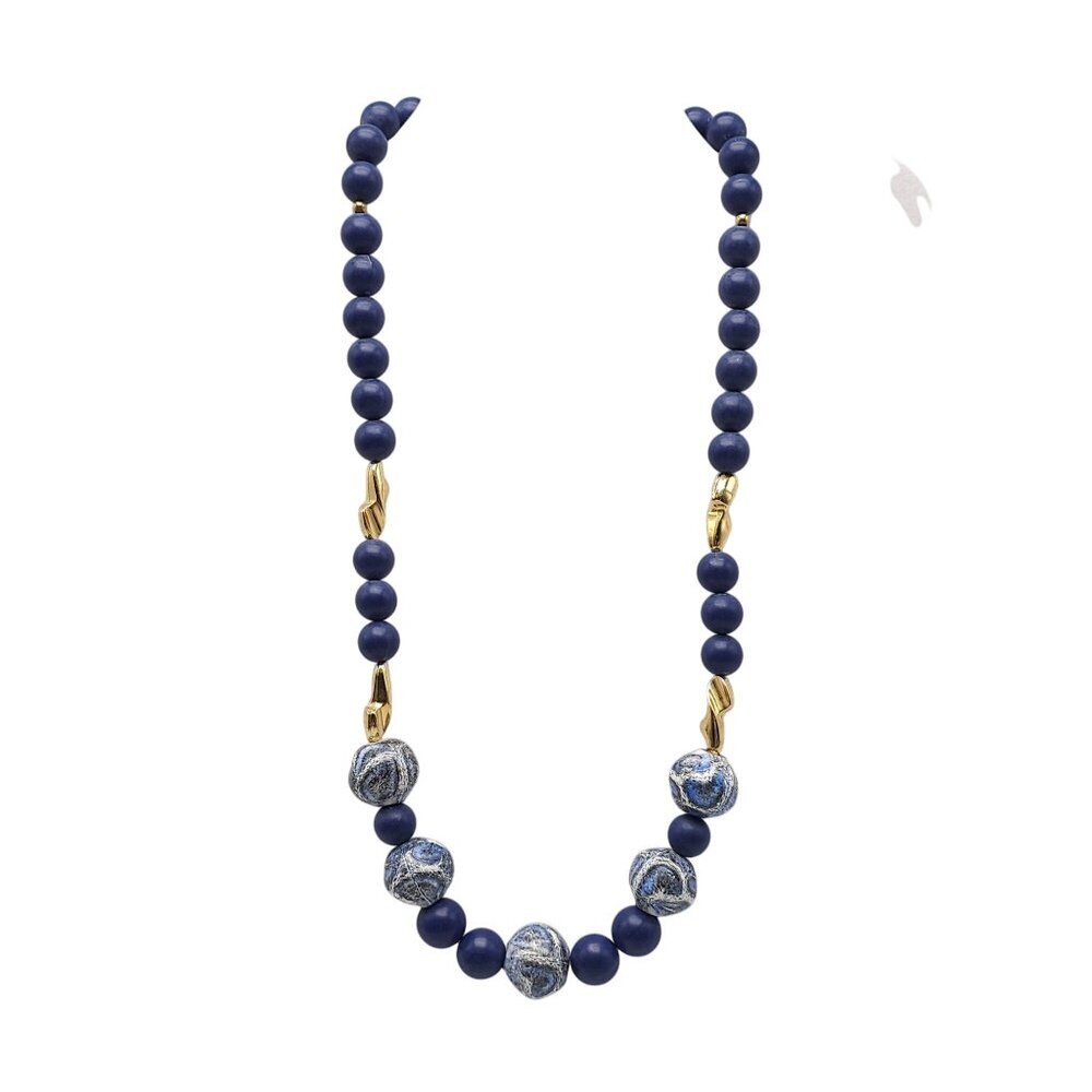 Vintage Blue Swirl Ceramic Gold Toned Beaded Necklace 25 Inch